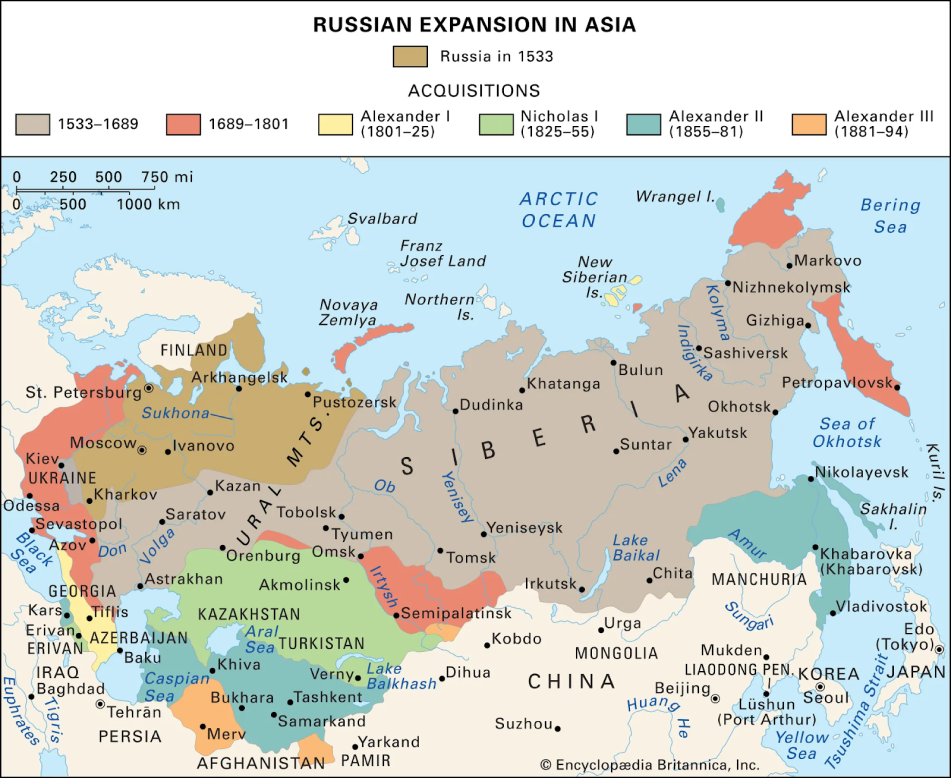 Stages of Russian expansion in Asia, from 1533 to 1894 Courtesy of Britannica